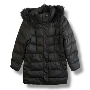 Lands' End Coat Womens Small Black Down Puffer Hooded Faux Fur Trim Parka Jacket